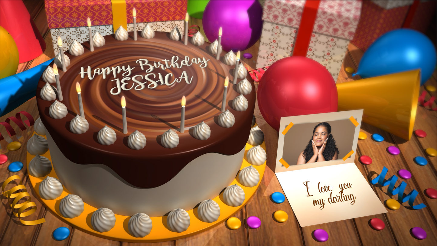 Birthday cake with candles spelling 'Happy Birthday Jessica' on a table with balloons and a card.