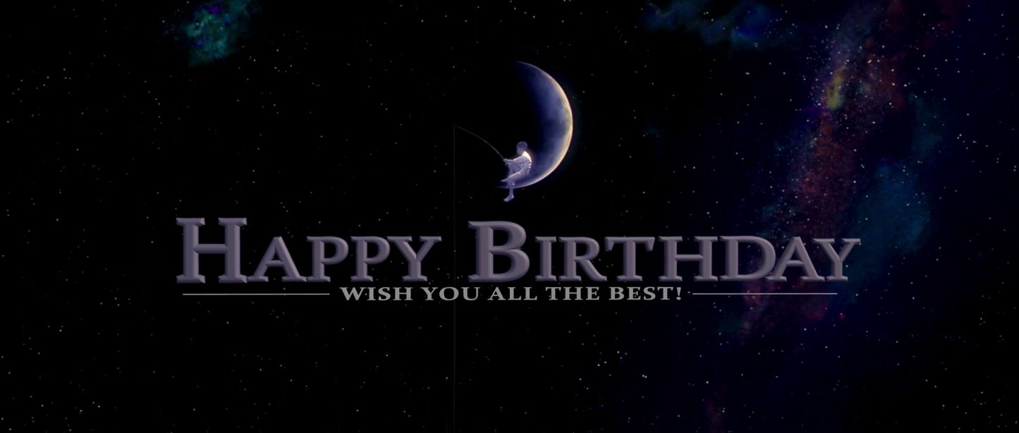 Space-themed birthday card with 'Happy Birthday' text and a crescent moon.