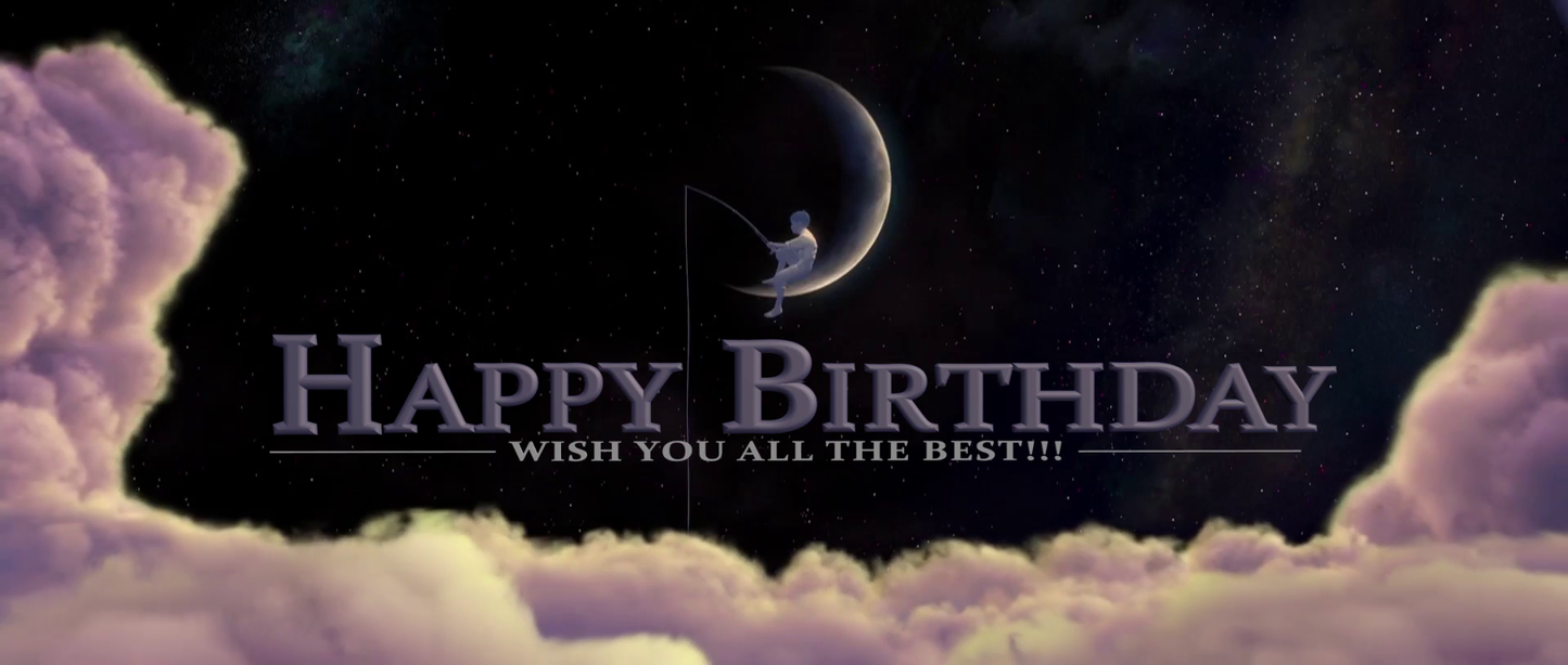Greeting card with 'Happy Birthday' text, person on moon, and clouds in space.