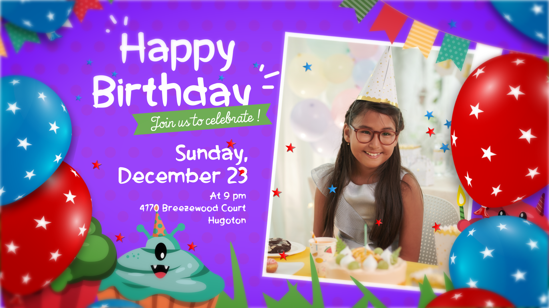 Birthday party invitation with balloons and a photo of a girl, featuring text for the event details.