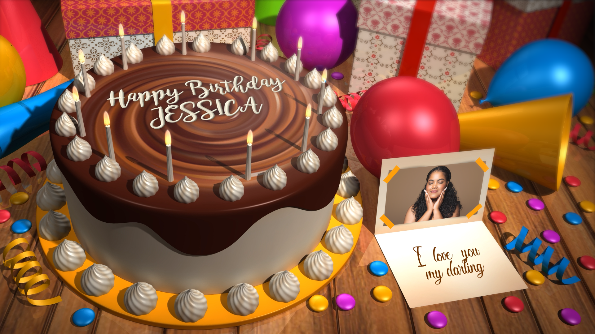 Birthday cake with candles spelling 'Happy Birthday Jessica' on a table with balloons and a card.