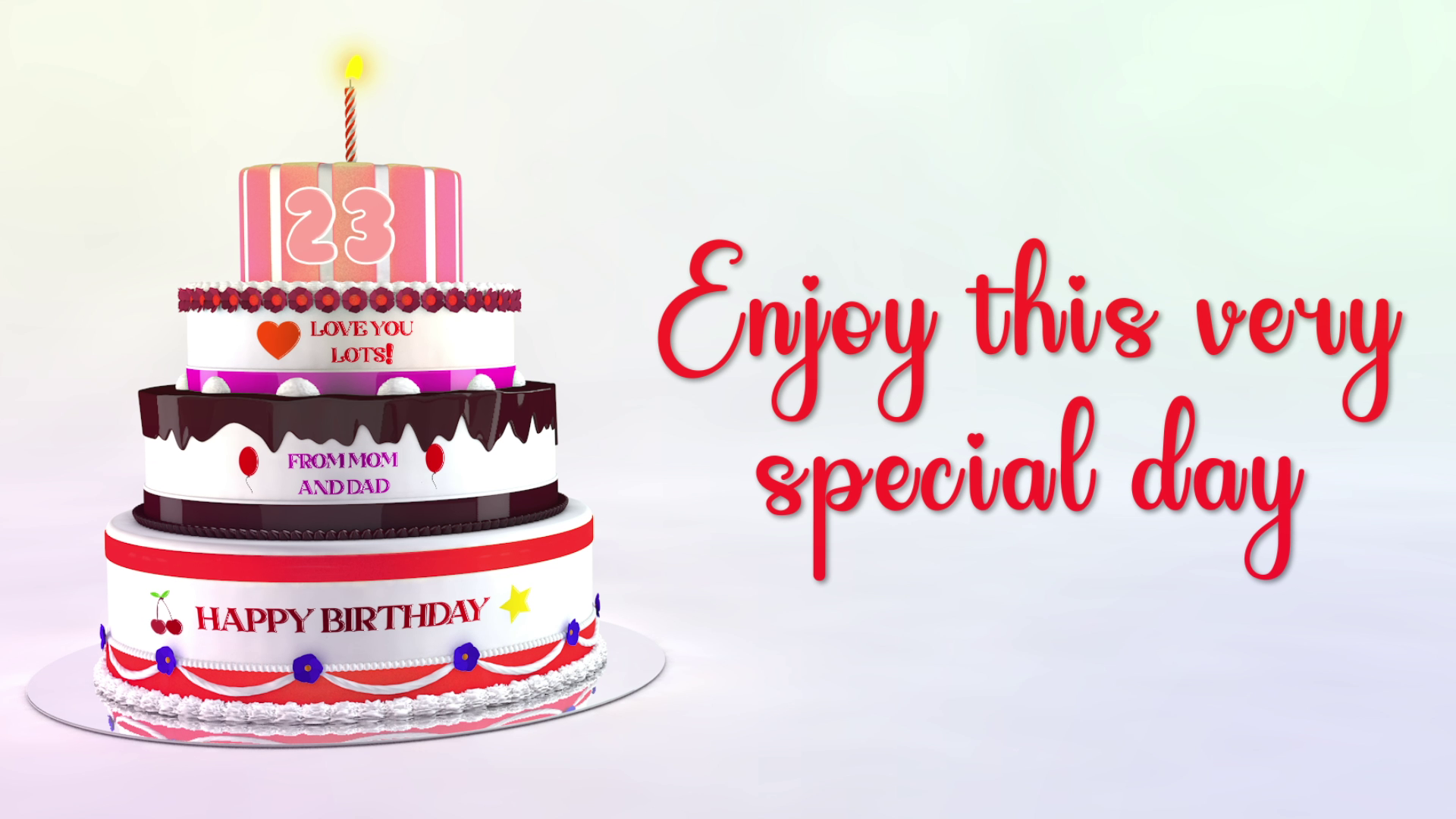 Three-tier birthday cake with candles and text 'Enjoy this very special day' on a light purple background