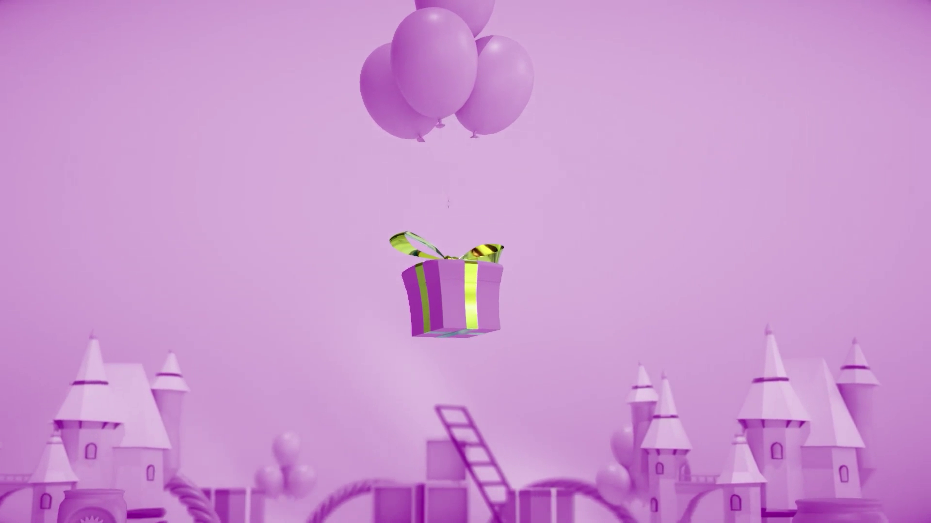 Purple gift box with green bow and yellow ribbon on a pink castle background