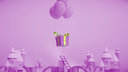 Purple gift box with green bow and yellow ribbon on a pink castle background