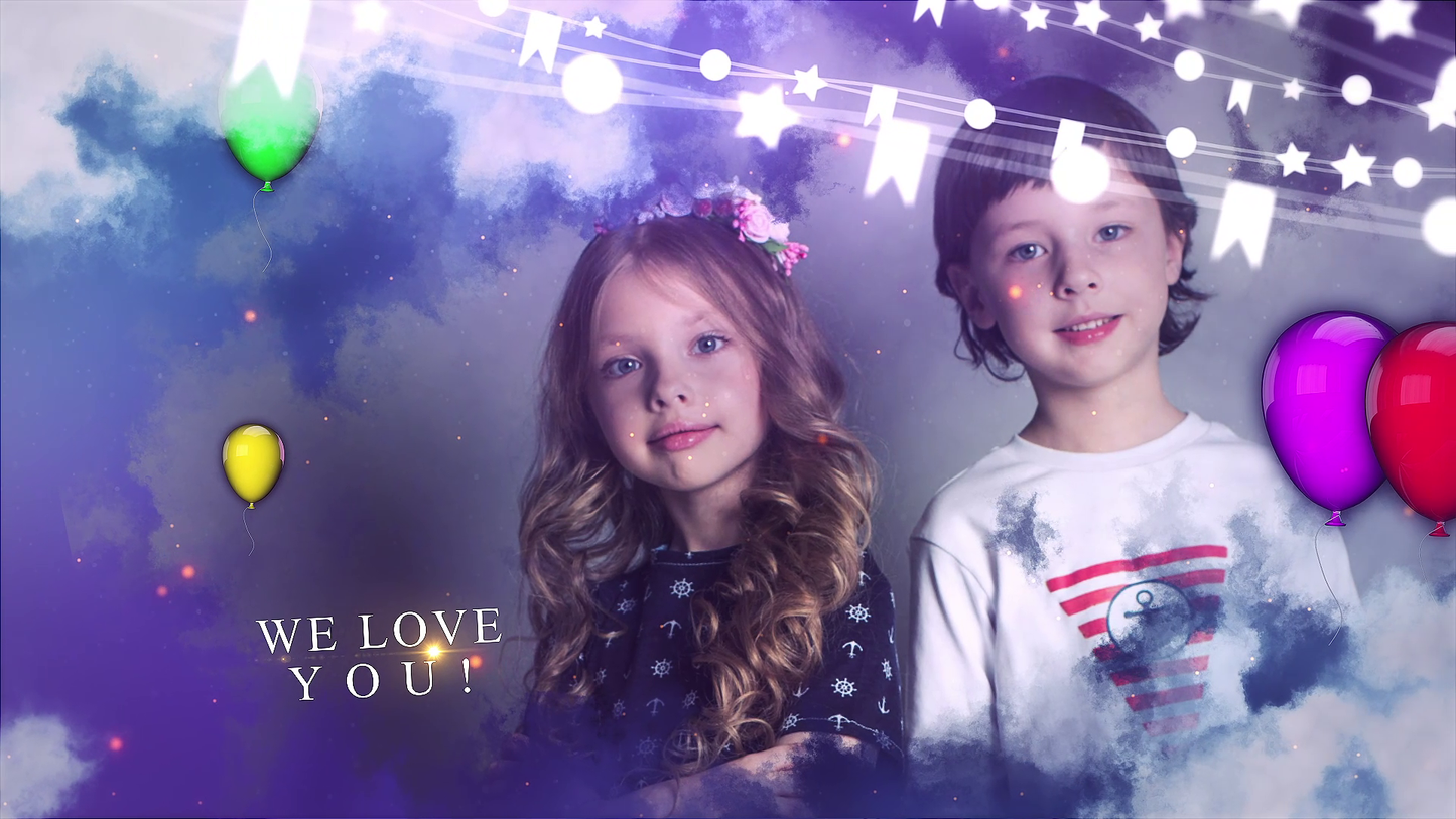 Two children with colorful balloons and 'WE LOVE YOU!' text against a starry sky background