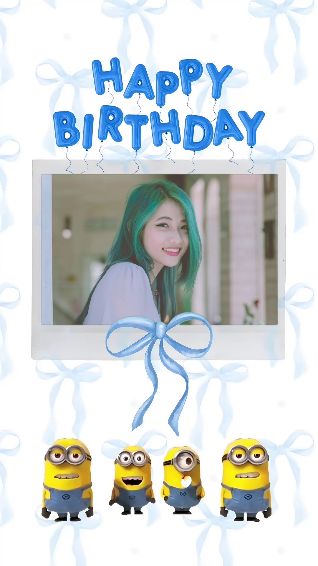 Happy Birthday card with a photo frame, blue ribbon, and Minions on a light blue background.