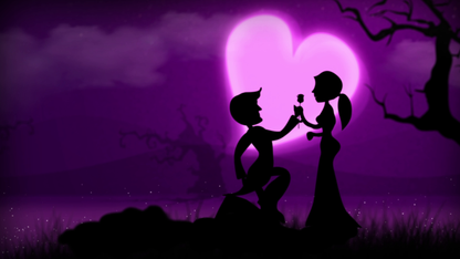 Silhouette of a couple holding hands with a heart-shaped light behind them against a purple sky.