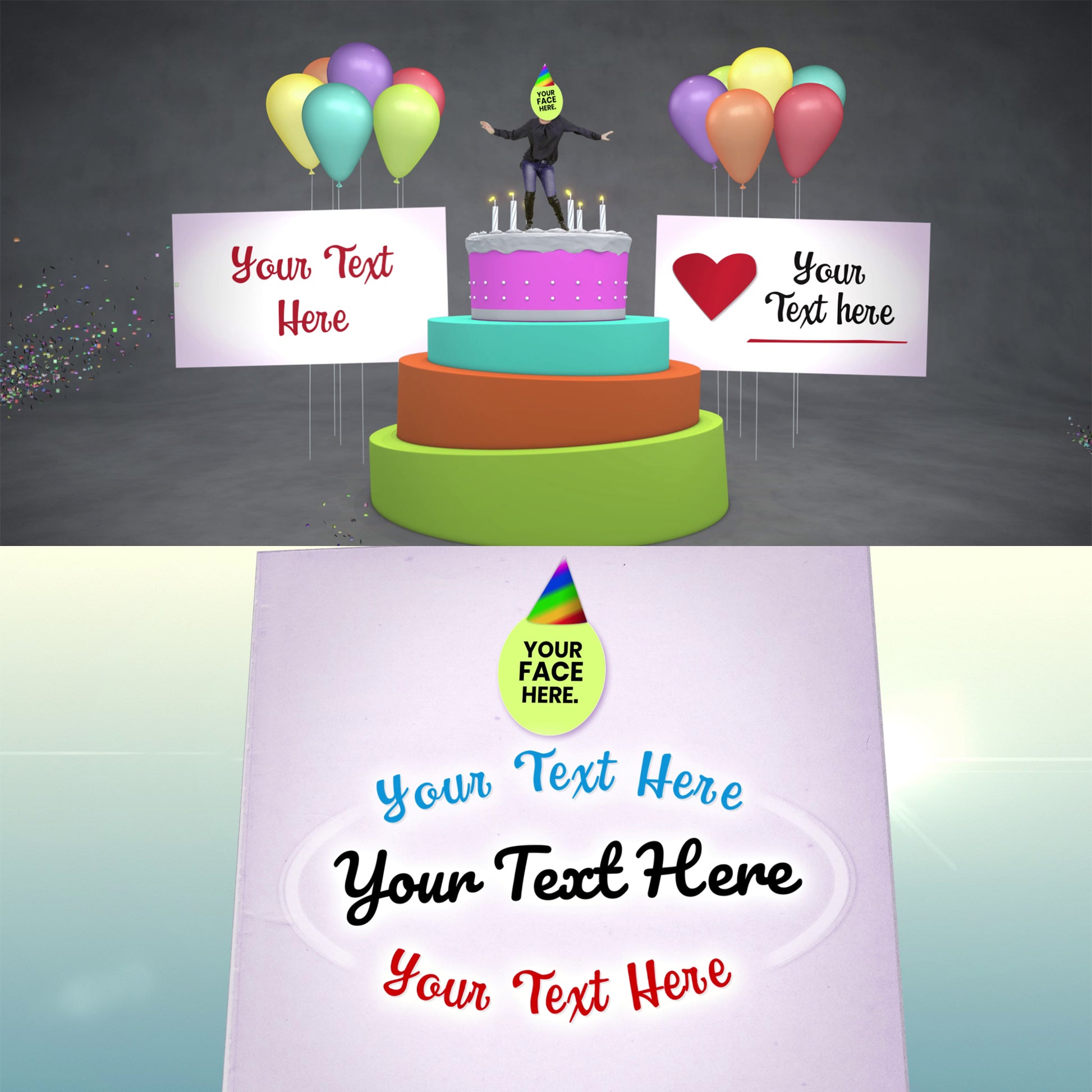 Personalizable birthday cake with balloons and text placeholders on a gradient background