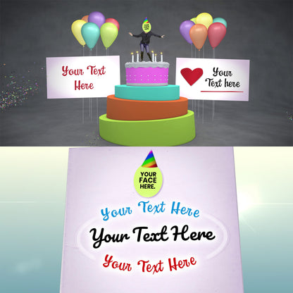 Personalizable birthday cake with balloons and text placeholders on a gradient background