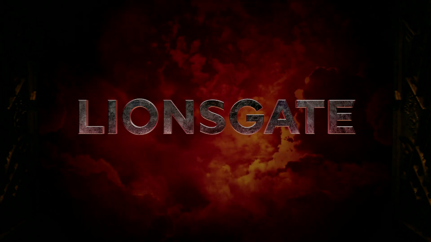 Lionsgate logo with fiery background