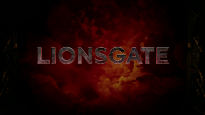 Lionsgate logo with fiery background