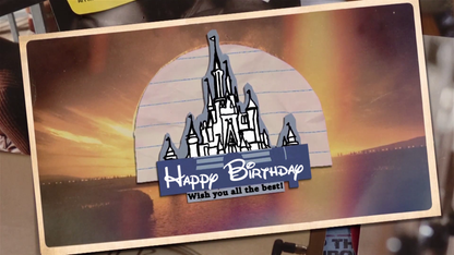 Card with castle design and 'Happy Birthday' text against a sunset background