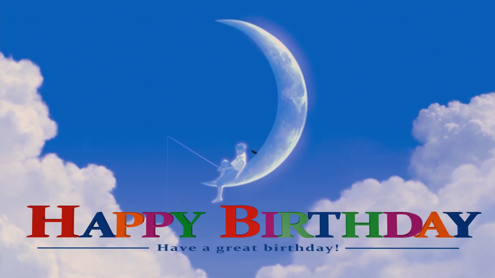 Birthday card with fairy on a crescent moon against a blue sky with clouds, featuring colorful 'Happy Birthday' text.