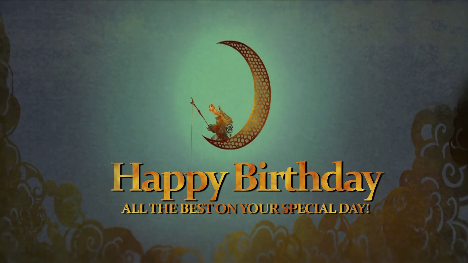 Happy Birthday card with decorative elements on a blue background