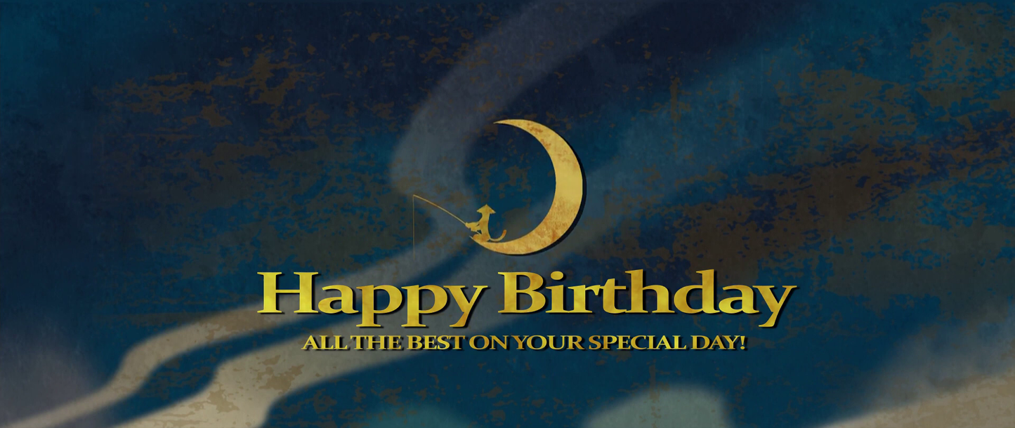Happy Birthday card with moon and star design on a dark blue background