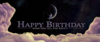 Greeting card with 'Happy Birthday' text, person on moon, and clouds in space.