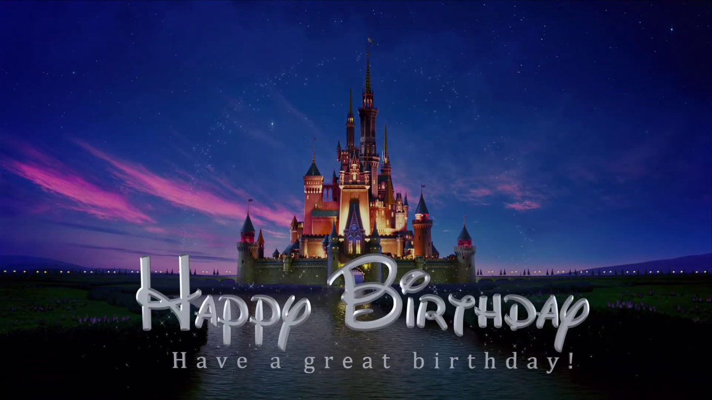Fantasy castle at night with 'Happy Birthday' text