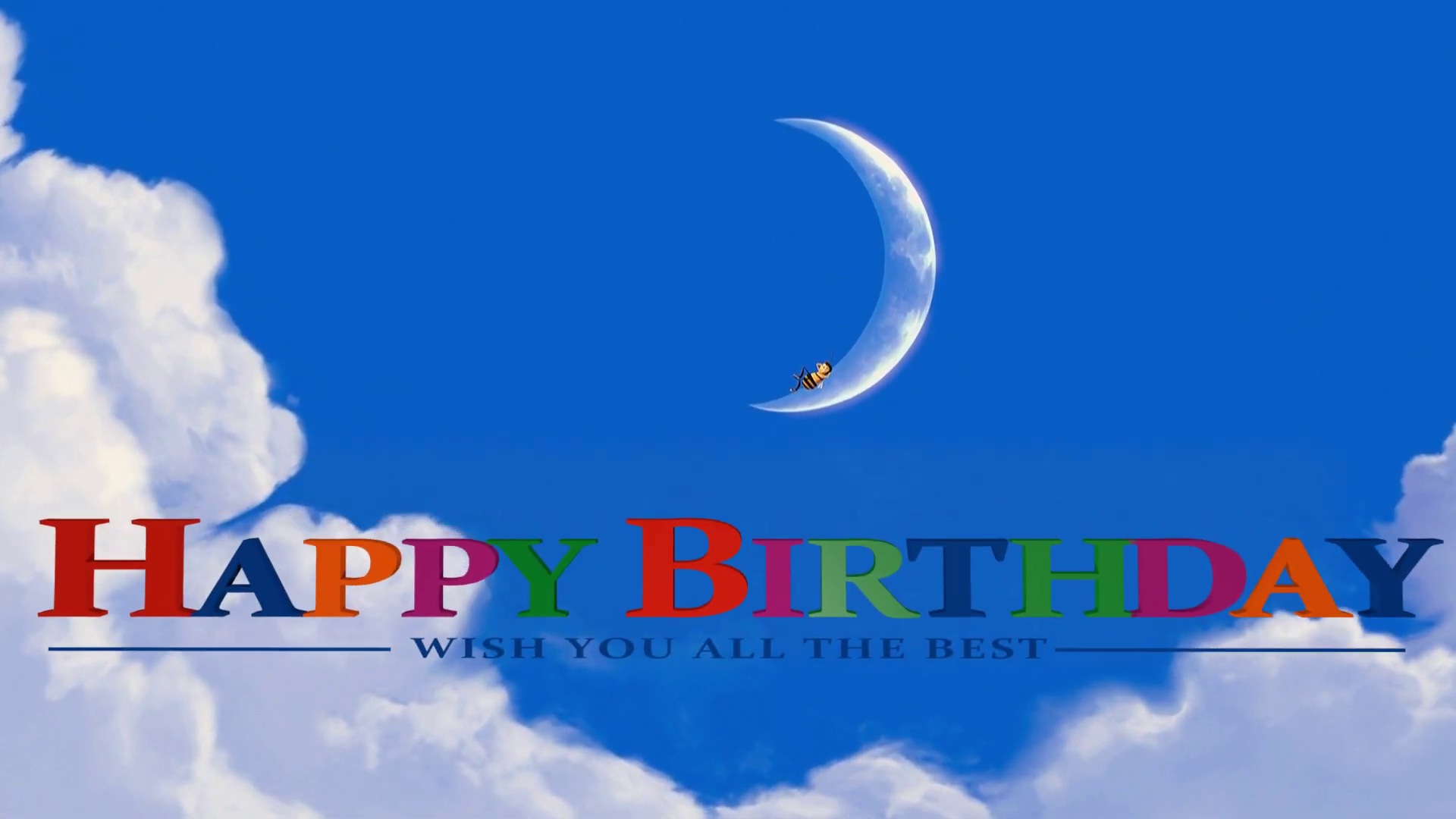 Happy Birthday wish with colorful text, moon, and clouds in the sky