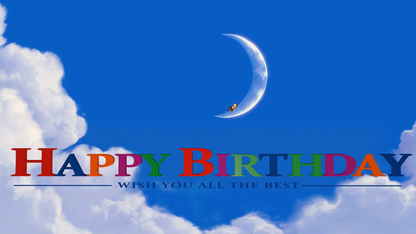 Happy Birthday wish with colorful text, moon, and clouds in the sky