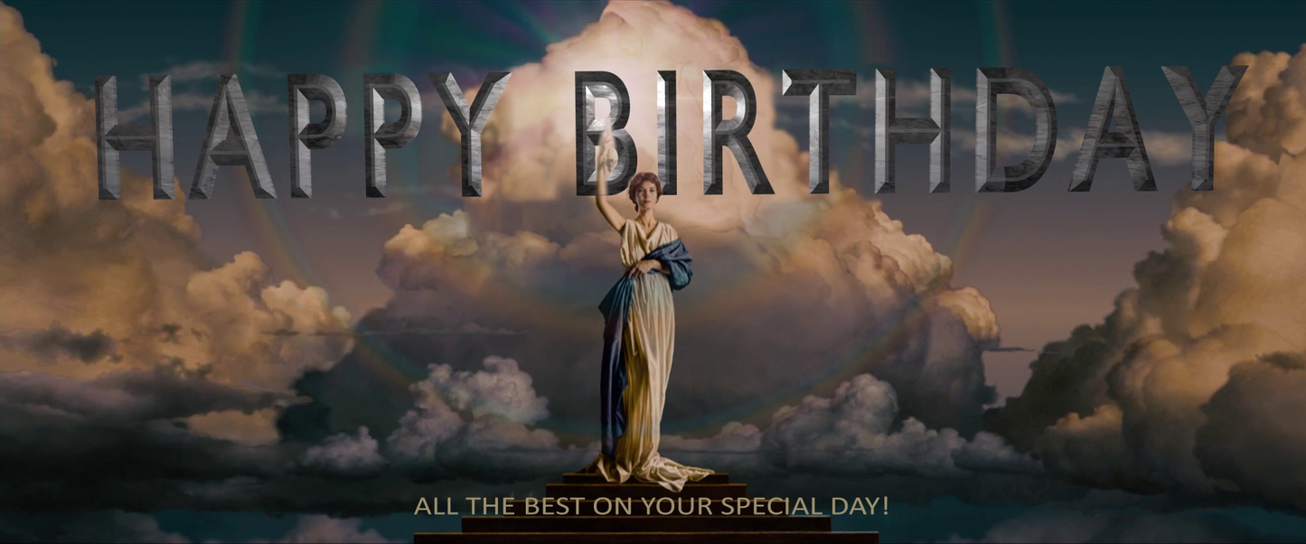 Birthday card with a woman in a dress standing on clouds and 'Happy Birthday' text.