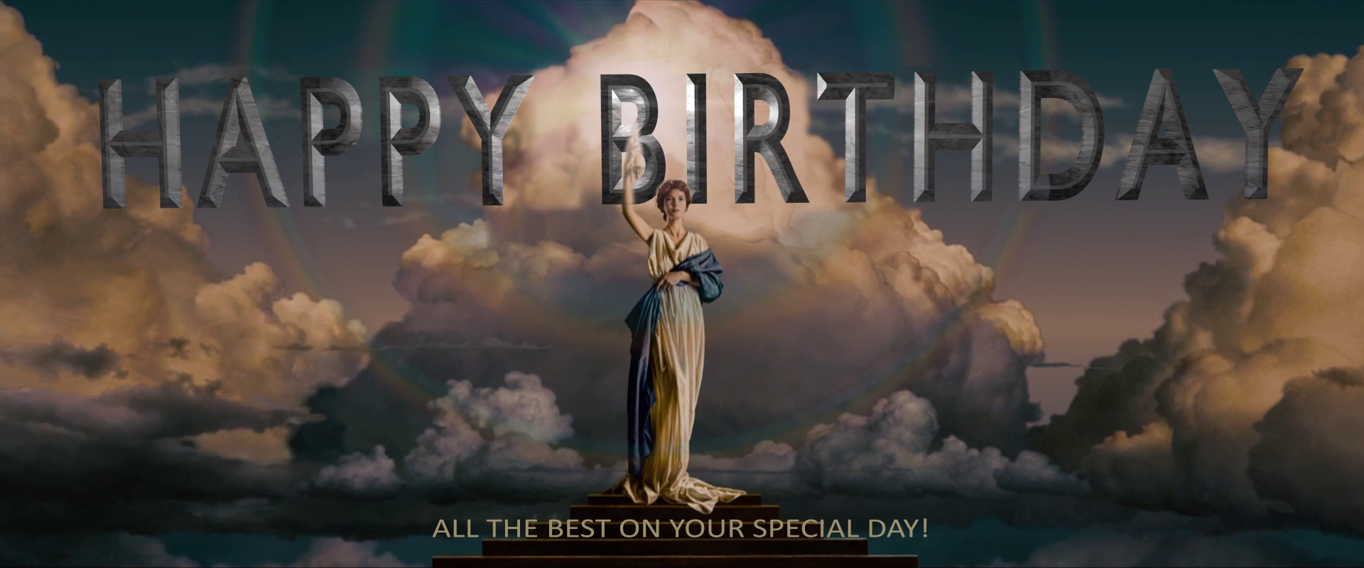 Birthday card with a woman in a dress standing on clouds and 'Happy Birthday' text.