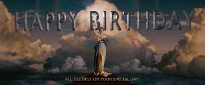 Birthday card with a woman in a dress standing on clouds and 'Happy Birthday' text.
