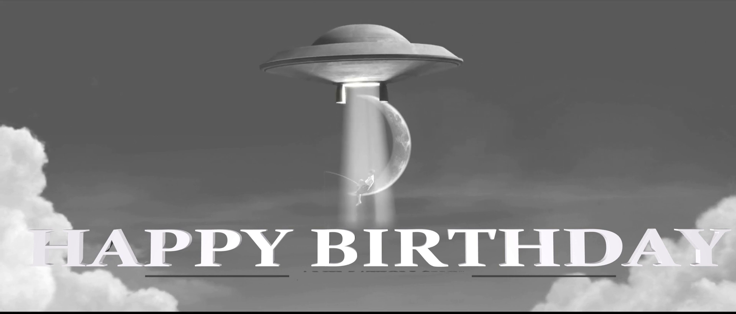 UFO over a moon with 'Happy Birthday' text on a dark background