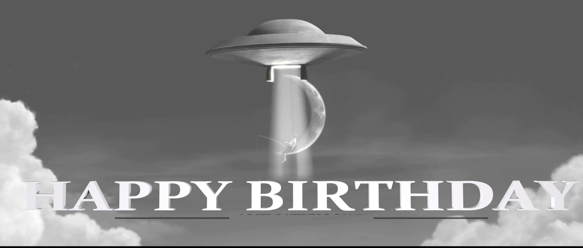 UFO over a moon with 'Happy Birthday' text on a dark background