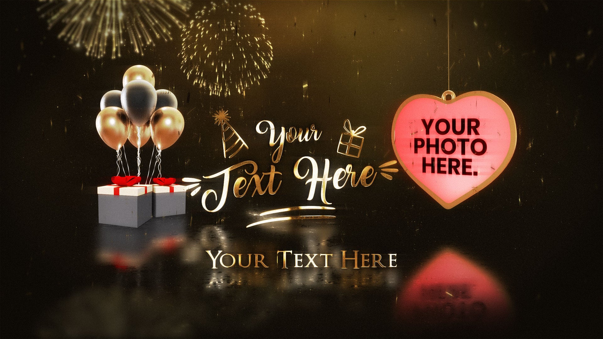 Decorative photo frame with balloons, gift box, heart-shaped photo holder, and fireworks on a dark background.